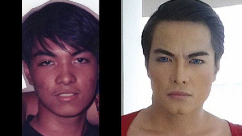 Split image of Herbert Chavez in a 1995 photo and in a Superman costume