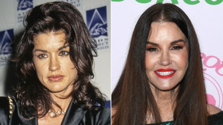 Split image of Janice Dickinson posing in the '90s and posing in 2019