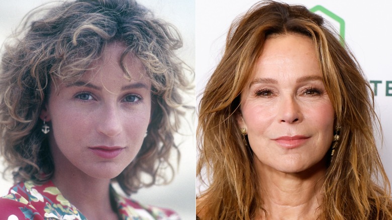 Split image of Jennifer Grey headshot from 1980 and posing in black in 2025