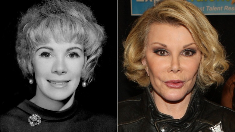 Split image of Joan Rivers smiling in a B&W portrait in 1965 and wearing black in 2009