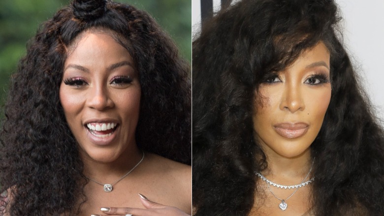 Split image of K. Michelle singing in 2016 and posing in a golden gown in 2024