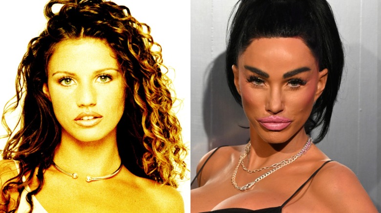 Split image of Katie Price glamour shot from 1996 and posing in black in 2024
