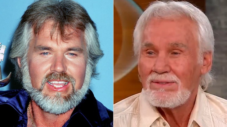 Split image of Kenny Rogers smiling in an undated photo and smiling in 2012