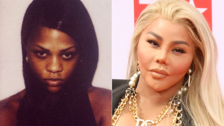 Split image of Lil' Kim in a mock mugshot in 1996 and dressed up for an awards show in 2021
