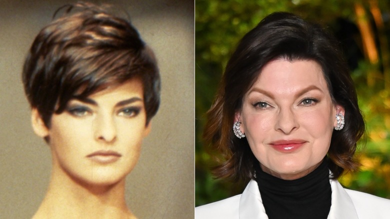 Split image of Linda Evangelista wearing blue on a runway in 1989 and wearing white in 2024
