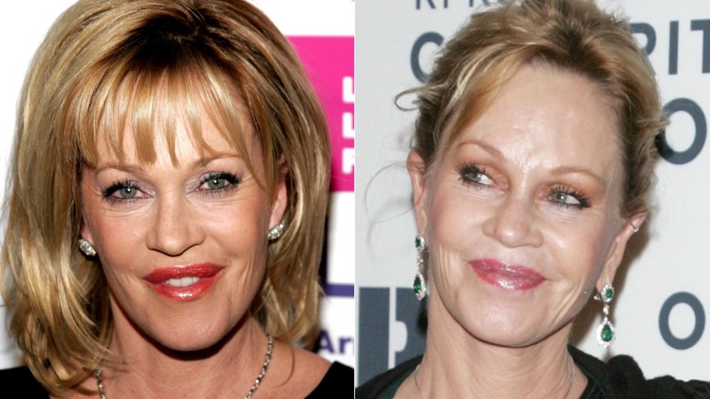 Split image of Melanie Griffith smiling in black in 2006 and also smiling in black in 2012