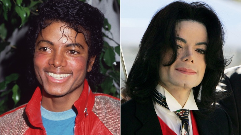 Split image of Michael Jackson smiling in his iconic red leather jacket in 1983 and smiling in 2005 in California outside a courthouse