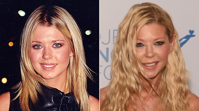Split image of Tara Reid in 2003 Tara Reid smiling in a green dress in 2023