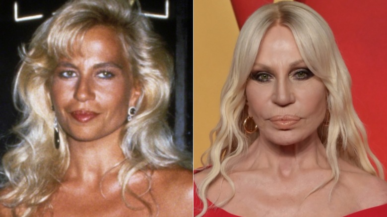 Split image of Donatella Versace at a gala in New York City in 1989 and posing in all red at an Oscar Party in March 2024