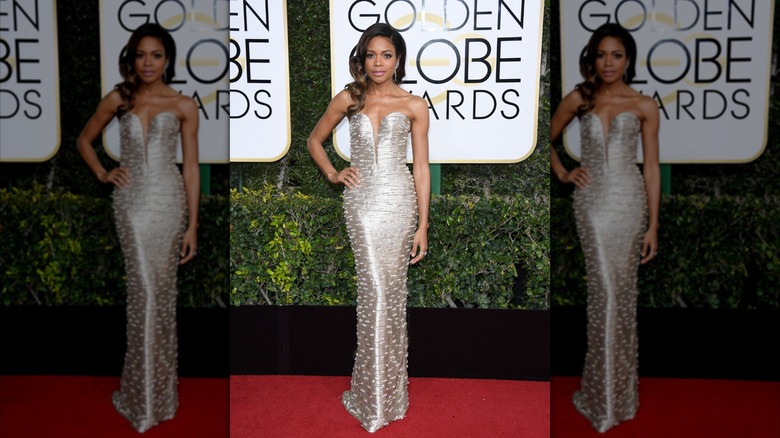 Naomie Harris silver structured gown 2017 Golden Globes
