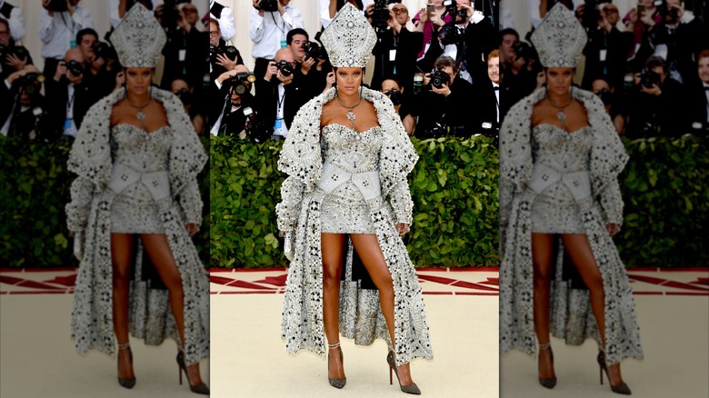Rihanna 2018 Met Gala silver gown and papal hat