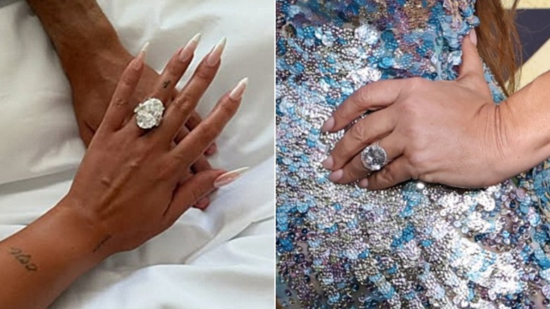 Split image of Georgina Rodríguez and Lauren Sanchez Bezos' engagement rings