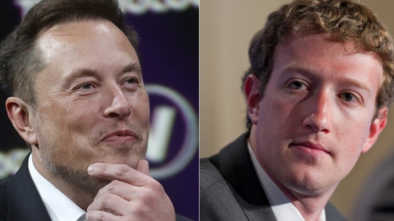 Elon Musk smirking; Mark Zuckerberg side eye