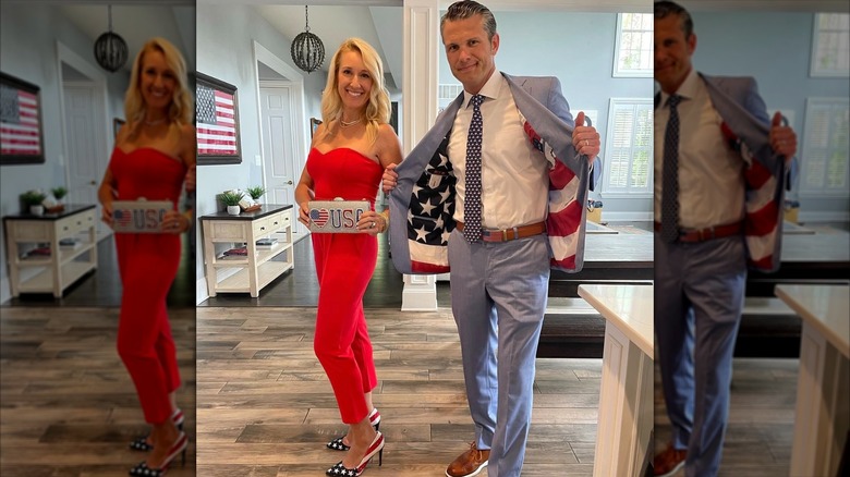 Jenny Hegseth and Pete Hegseth posing for a photo together in outfits with American flag accents.