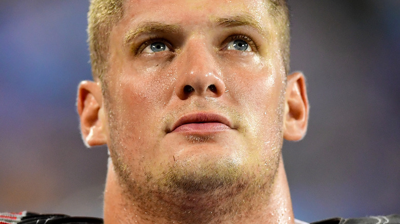 Carl Nassib sweating on the field in 2019