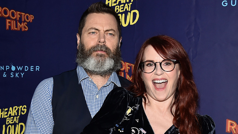 Bearded Nick Offerman and excited Megan Mullally