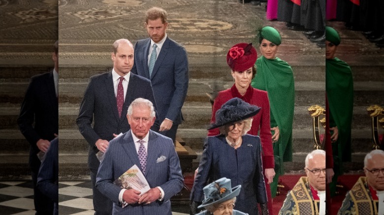 Prince Harry, Meghan Markle, Prince William, Kate Middleton, King Charles III, and Queen Camilla walk together