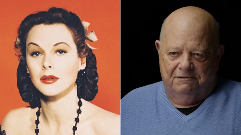 A split image showing Hedy Lamarr wearing full makeup and braided hair in one photo, while her son, James Loder, gazes downward in another.