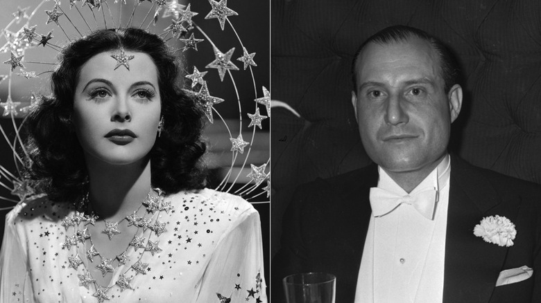 A split image showing Hedy Lamarr staring into the distance on one side and Fritz Mandl looking directly into the camera on the other.