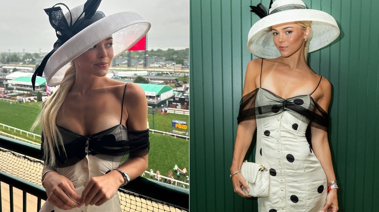 Olivia Dunne posing in a polka-dot dress at the Kentucky Derby