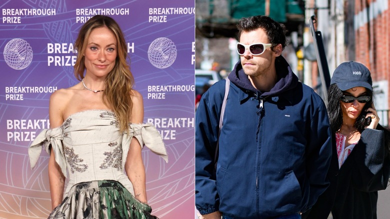 Split image of Olivia Wilde smiling in an off-the-shoulder crystal-embellished dress with her hair over one shoulder and Harry Styles and Zoe Kravitz walking outdoors.