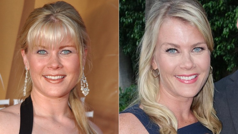 A split image shows Alison Sweeney sporting blonde bangs in one photo, while the other shows her wearing a parted hairstyle