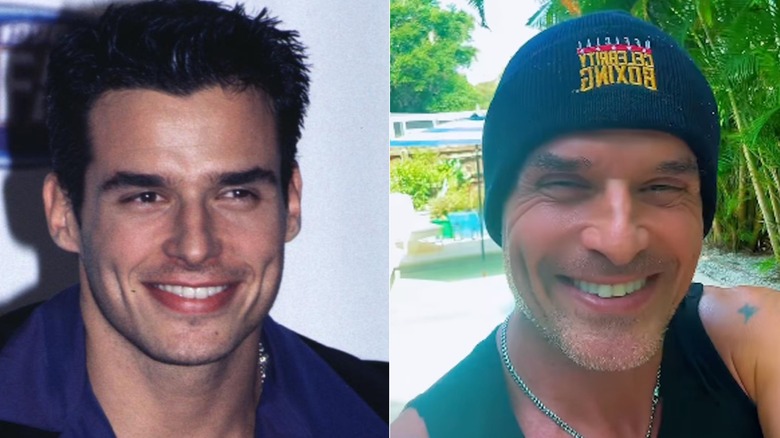 A split image featuring a younger Antonio Sabato Jr. smiling with dark hair, alongside another photo of him wearing a beanie