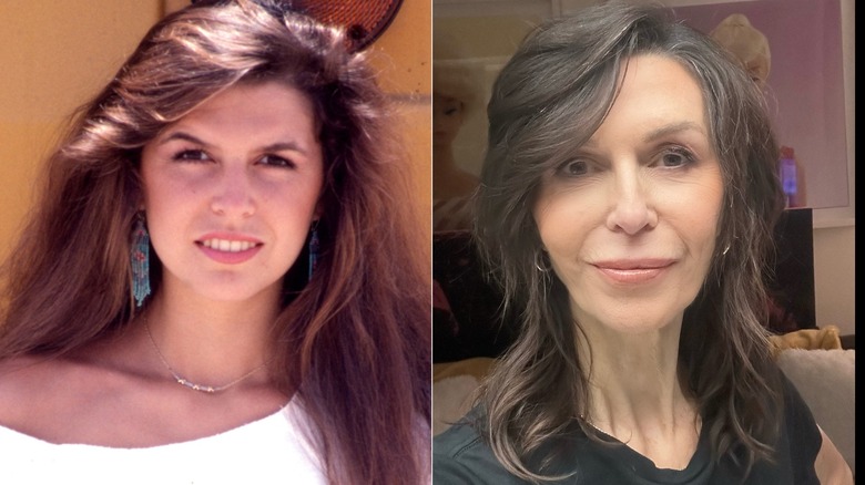 A split image showing a younger Finola Hughes flashing a wide smile alongside a photo of an older Hughes smiling softly