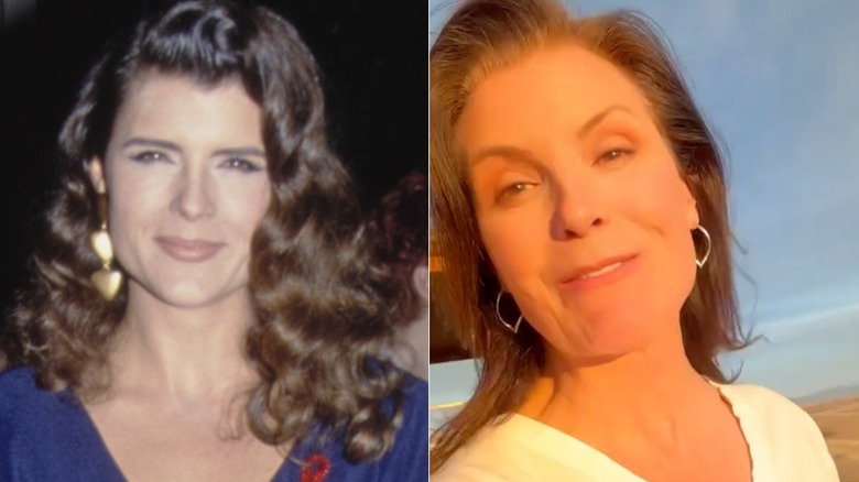 A split image shows young Kimberlin Brown sporting wavy hair in one photo, while a second photo shows her smiling with her natural hair