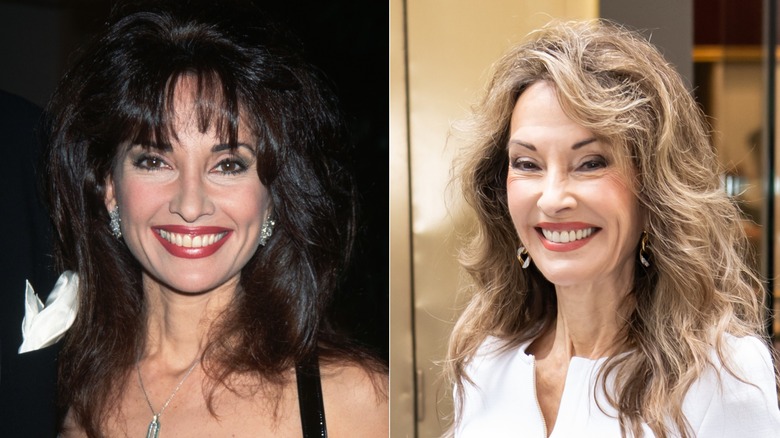 A split image shows Susan Lucci with makeup and darker hair in one photo, while the second shows her smiling with lighter hair