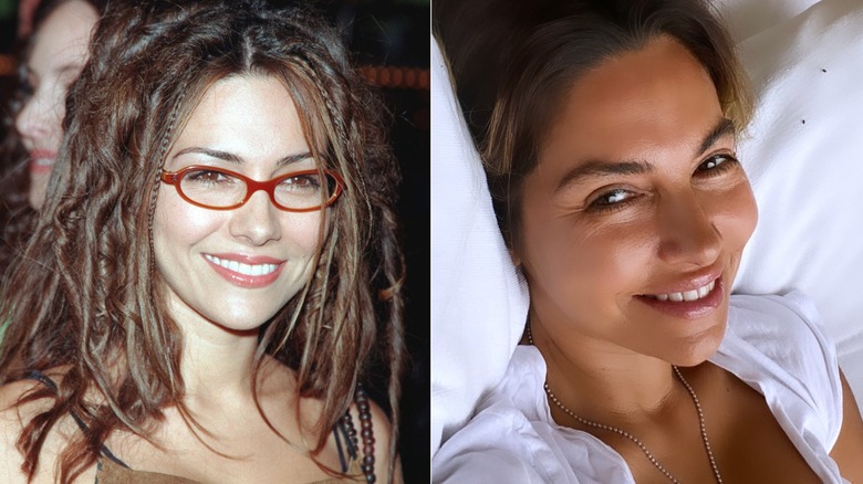 A split image shows Vanessa Marcil in 1999 wearing a curly hairstyle, while the second photo shows her leaning against a pillow and flashing a smile
