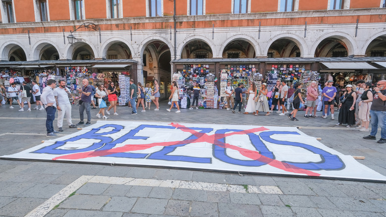 "No Space For Bezos" activists gather in Vencie to protest the Bezos-Sanchez wedding