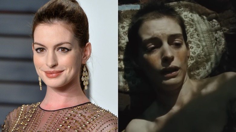 Anne Hathaway posing on the red carpet and in Les Miserables