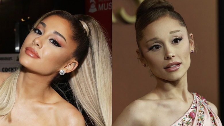 Split photo of Ariana Grande with a high ponytail and with a different the hairstyle
