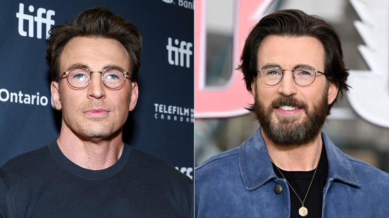 Split photo of actor Chris Evans with and without beard on the red carpet