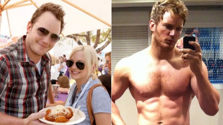 A split photo of Chris Pratt with Anna Faris and in a mirror selfie