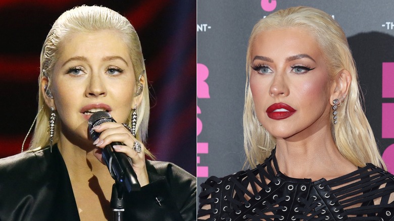 Singer Christina Aguilera performs and poses on the red carpet in a split photo