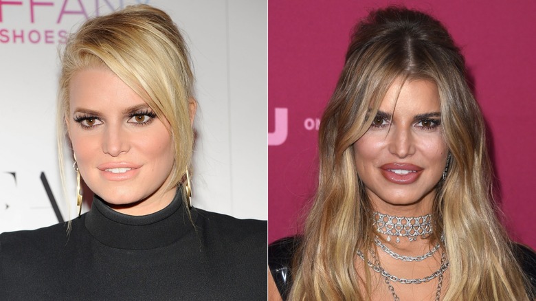 A split photo of singer Jessica Simpson on the red carpet