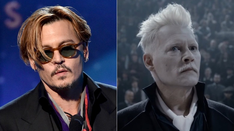 A dual photo featuring Johnny Depp speaking and in character as Grindelwald