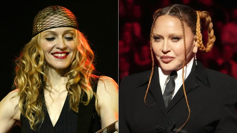 A plit photo of Madonna performing in the 2010s and attending the 2023 Grammys