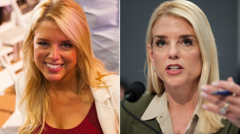 Split image of a young Pam Bondi smiling and recent picture of her holding a pen