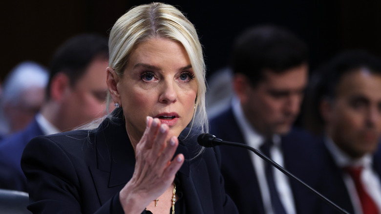 Pam Bondi gestures while speaking at a hearing.