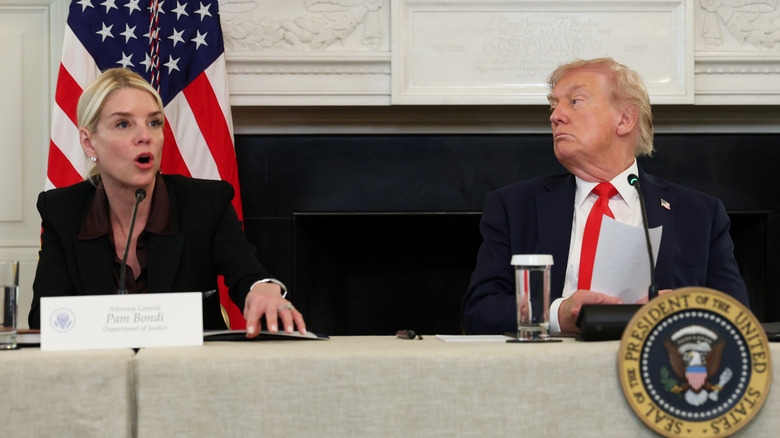 Pam Bondi and Donald Trump at a press briefing.