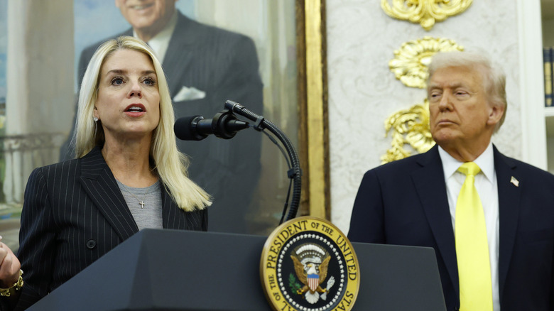 Pam Bondi and Donald Trump speaking at the White House