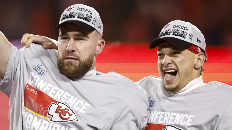 Patrick Mahomes and Travis Kelce celebrating a win
