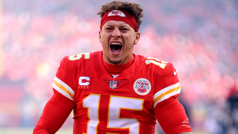 Patrick Mahomes yelling on football field