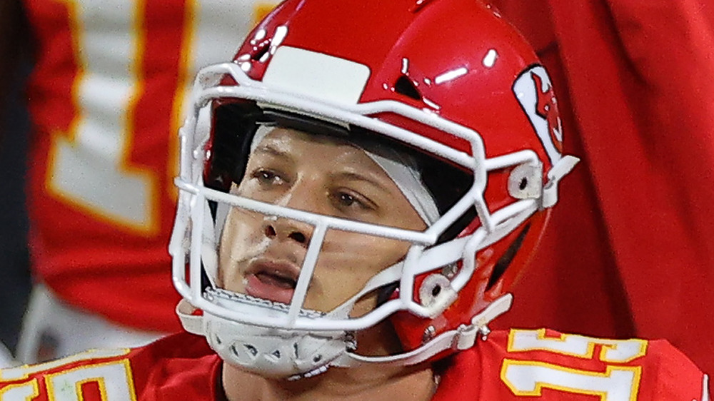 Patrick Mahomes watches the action during Super Bowl LV