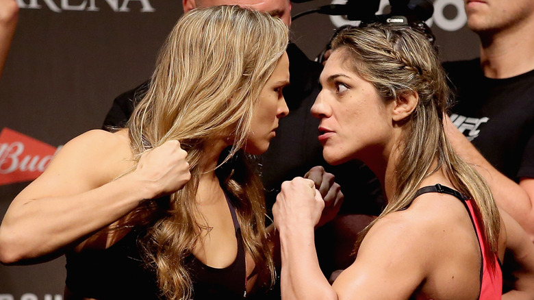 Ronda Rousey and Bethe Correia at the UFC weigh-in
