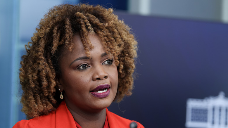 Karine Jean-Pierre speaking during a press briefing in the James S. Brady Press Briefing Room