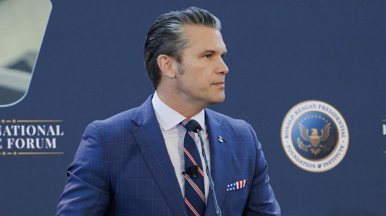 Secretary of War Pete Hegseth giving a speech at the Reagan National Defense Forum